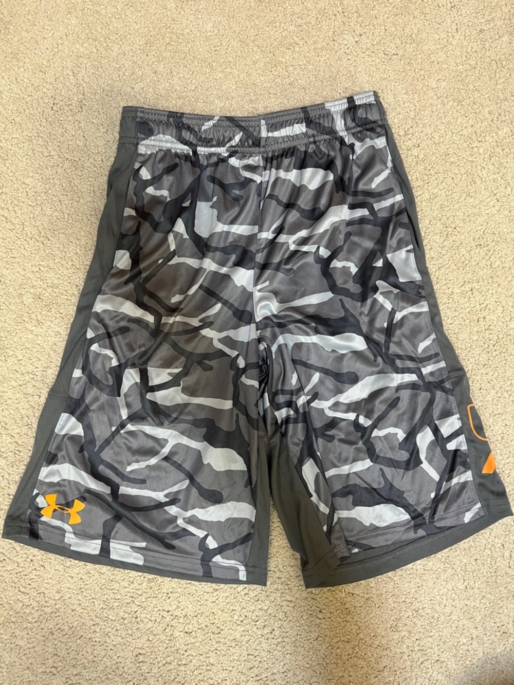 Under Armour Youth Gray Camo Athletic Shorts with Orange Logo
